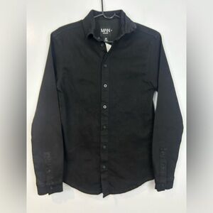 NWT BooHoo Men's Long Sleeve Muscle Denim Button Down Black Shirt Size XS
